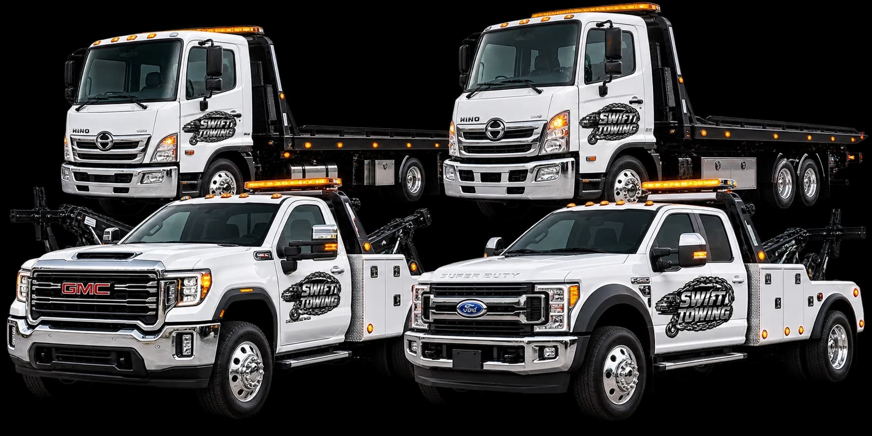 The Swift Towing fleet: two flatbed carriers and two wrecker tow trucks